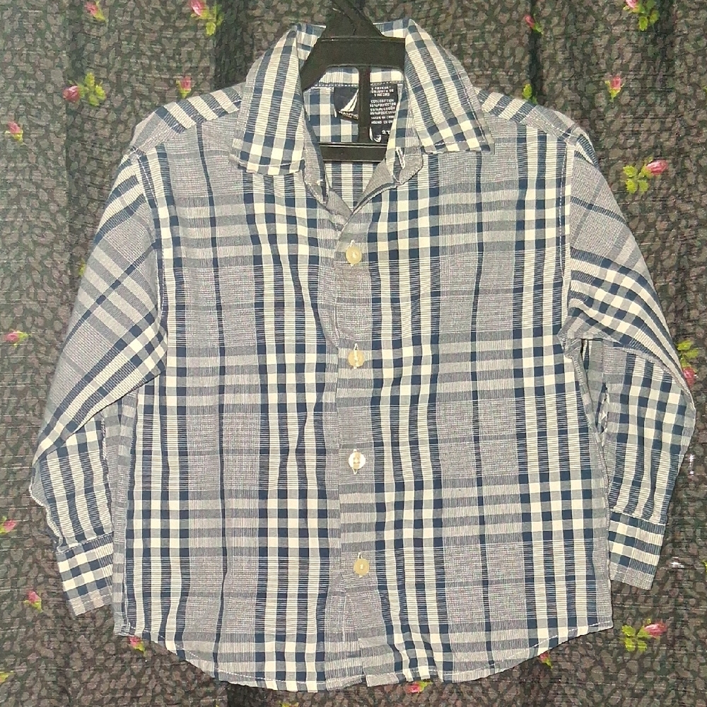 Nautica Navy and White Plaid Button Down Shirt